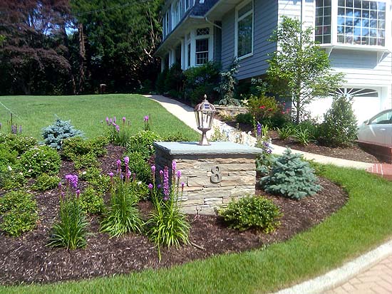 Solar Lighted Colonial Bluestone Column within New Landscaped Design Enhances Curb Appeal
