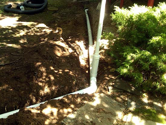 Downspouts Attached to an Under ground PVC Drainage System Helps to Relieve Erosion Issues