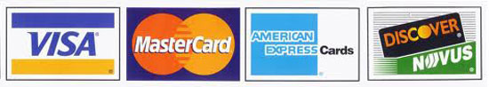Credit Cards Accepted: Visa, Master Card, American Express, and Discover Card